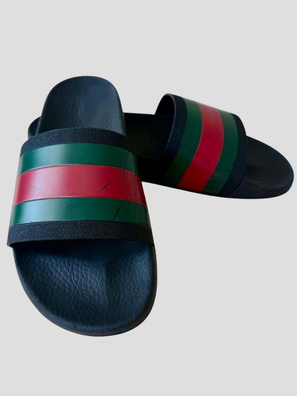 Gucci Web Rubber Slide Sandals Men 9 Black Green Red Stripe Beach Pool READ COND